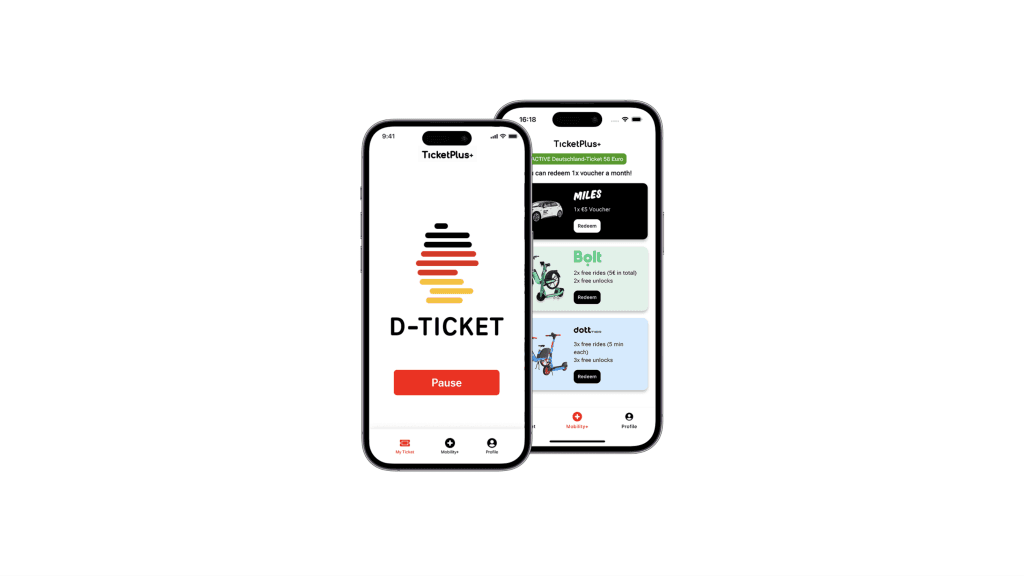 App Screens Sharing Services Voucher Code Pause Button Deutschland-Ticket TicketPlus+ ENG