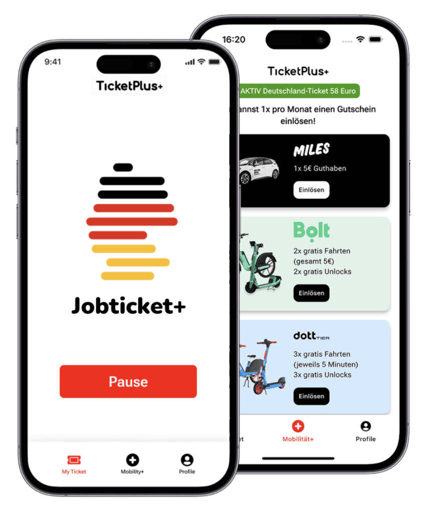 Jobticket+ Deutschlandticket App Screen D-Ticket Pause + Sharing TicketPlus+