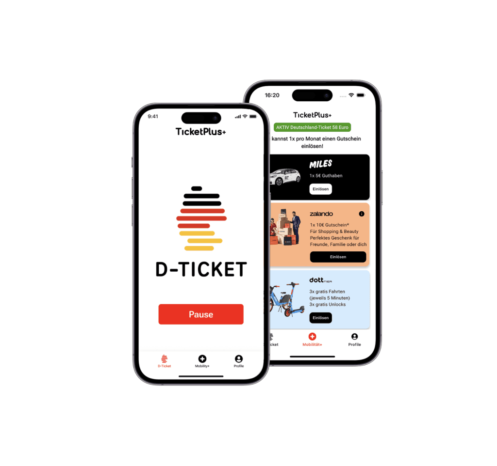 TicketPlus+ app showing a referral code and the Deutschlandticket on a smartphone
