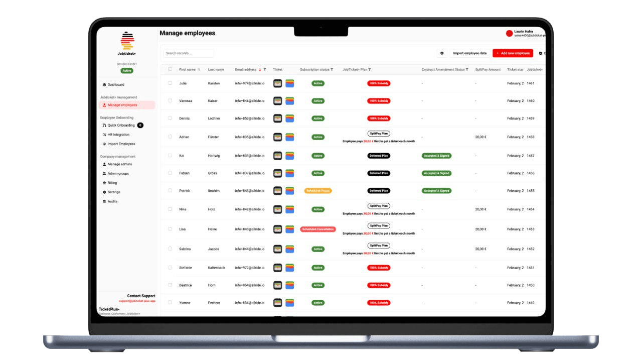 Jobticket+ HR-Dashboard mit HRIS-Integrationen
