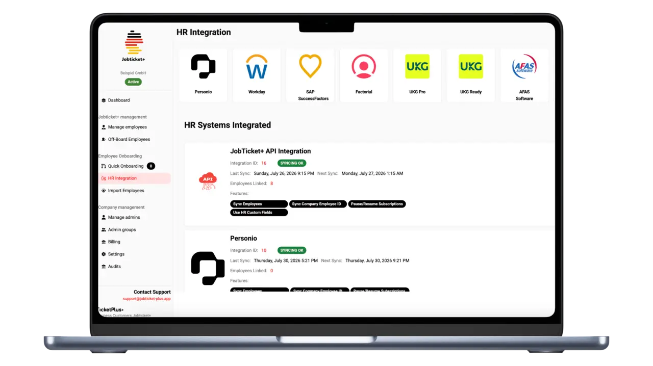 Jobticket+ HR Dashboard with HR Integrations Jobticket+ HR dashboard with HRIS integrations for Personio, Workday, SAP SuccessFactors and other HR tools